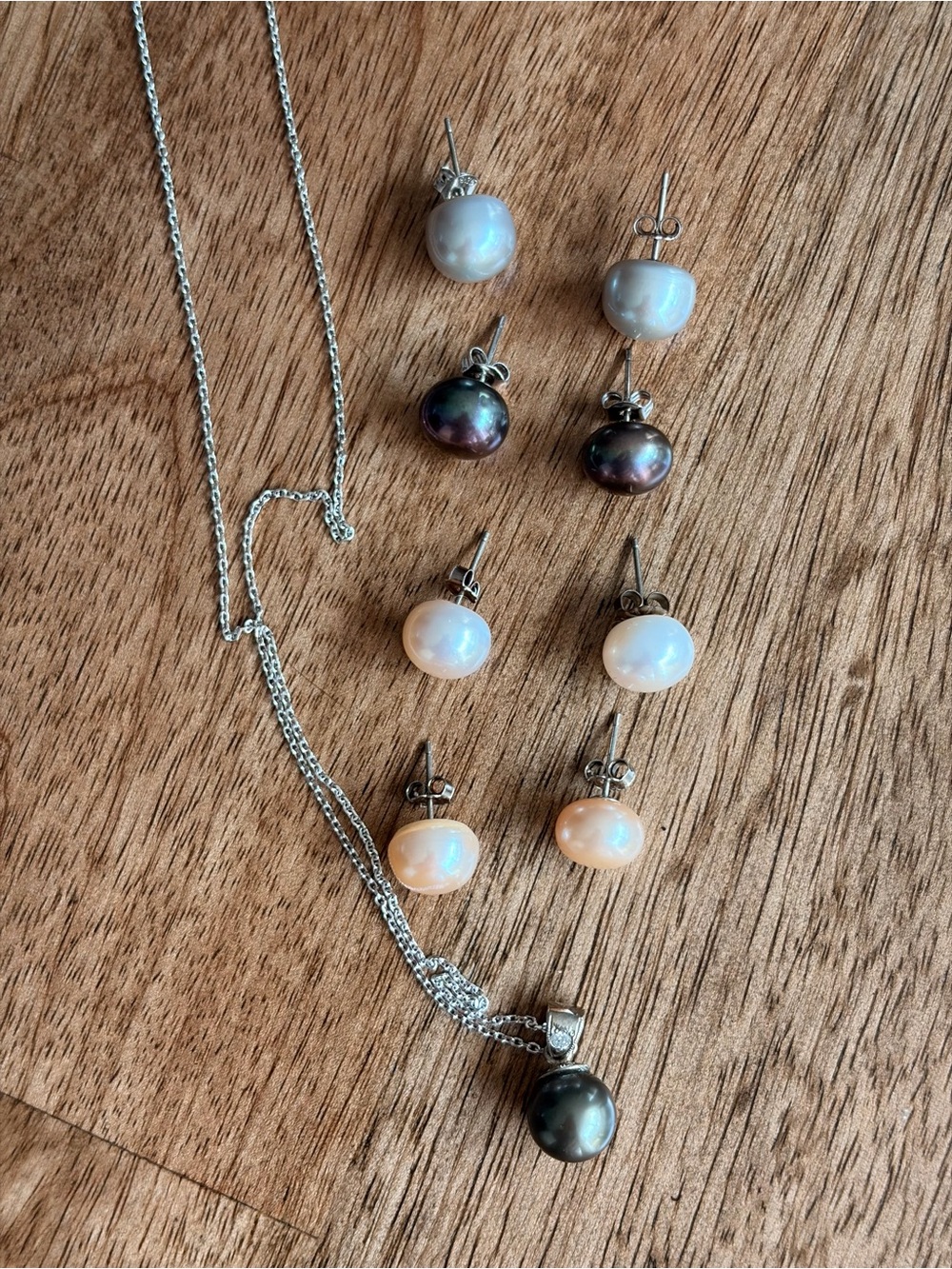 Classic Pearl Stud Earrings and Pendant Set - White, Silver, Black, Peach Pearls